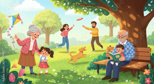 A multi-generational family enjoys a sunny day in the park, flying a kite, playing with a dog, and reading a book.