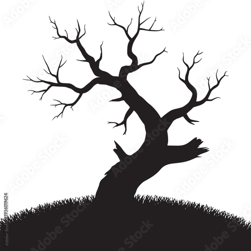 Silhouette of a bare tree with branches on a hill against a white background in a simple illustration