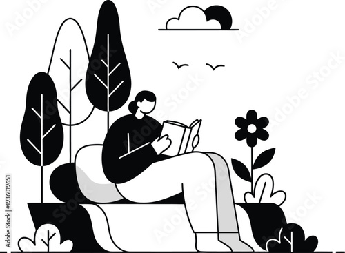 A woman relaxes outdoors reading a book surrounded by nature scenery in a serene environment wqe (366)