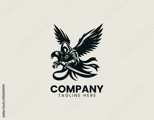 Hooded falconer holding bird of prey black vector logo illustration isolated on white background