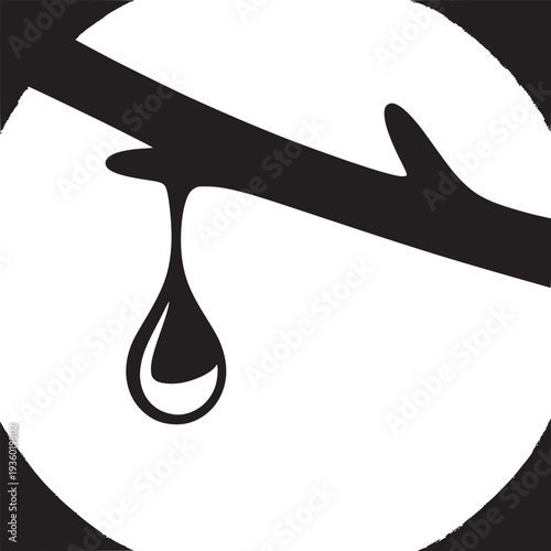 A stark monochrome image of a branch with a single droplet hanging from it in simple illustration