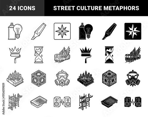 Hybrid street culture and urban art symbolic elements featuring spray can lightbulb fusion hourglass liquid and winged subway train metaphors