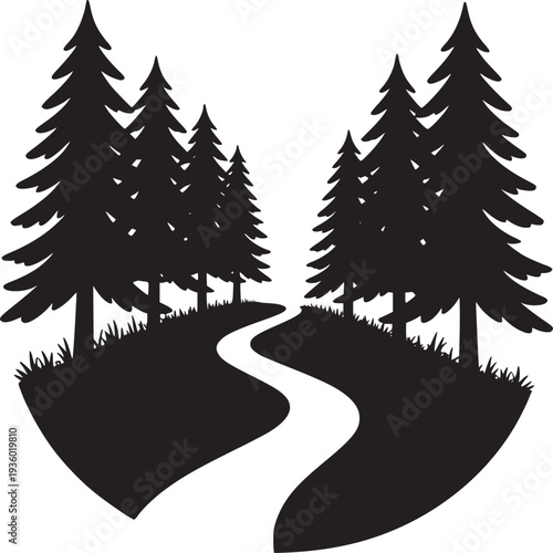 Silhouette of a winding path through a forest with evergreen trees on a white background simple design