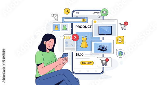 A woman uses her smartphone to browse products on an e-commerce app, surrounded by various product icons and shopping cart notifications.