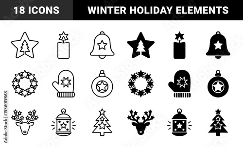 Christmas holiday hybrid icon set featuring festive symbols merged with stars including reindeer bell candle mitten and lantern in outline and solid styles