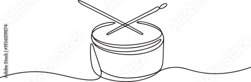continuous line drawing. drum and sticks. minimalist line music concept. drum musical instrument tool. one line Icon drawing