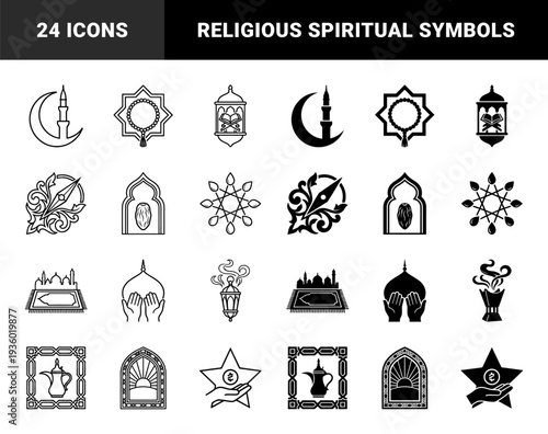Islamic Cultural Hybrid Icons Featuring Crescent Moon Minaret Prayer Rug Mosque Prayer Beads Dates Lantern And Arabic Coffee Pot In Dual Style
