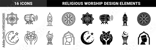 Islamic Cultural Hybrid Icon Set Featuring Ramadan Traditions Mosque Clock Tower Crescent Compass Oud Burner Prayer Silhouette and Drum Symbols