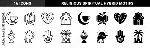 Islamic Ramadan hybrid icon set featuring crescent moon coffee cups dates hearts quran leaves and camel sun motifs in outline and solid styles