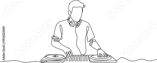continuous line drawing of a male music DJ. one line drawing of a DJ at a music party, night club, nightlife. single line vector illustration. one line Icon drawing