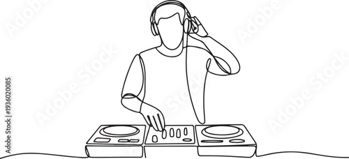 continuous line drawing of a male music DJ. one line drawing of a DJ at a music party, night club, nightlife. single line vector illustration. one line Icon drawing