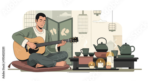 Man playing guitar in a serene setting.