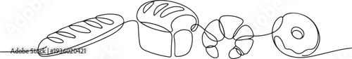 continuous line of various kinds of hand-made bread. one line drawing of bread Baguettes, white bread, croissants, donuts. one line Icon drawing