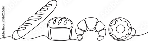 continuous line of various kinds of hand-made bread. one line drawing of bread Baguettes, white bread, croissants, donuts. one line Icon drawing