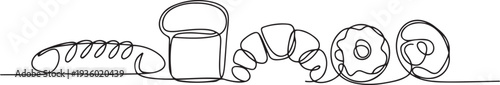 continuous line of various kinds of hand-made bread. one line drawing of bread Baguettes, white bread, croissants, donuts. one line Icon drawing