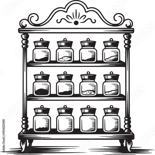 Illustration of a spice rack with twelve jars on three shelves in black and white drawing style