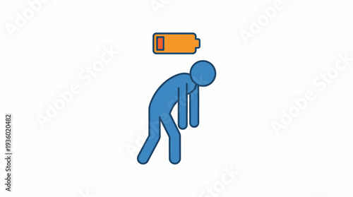 Exhausted blue businessperson with a low battery icon symbolizing fatigue and burnout, a simple vector illustration of work stress