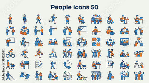 Diverse people icons set (50 icons): a detailed collection of professions, families, and activities for UI design, branding, and presentations