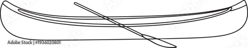 Wooden fishing canoe with paddle. Line sketch of boat. Outline vector illustration river transport. one line Icon drawing
