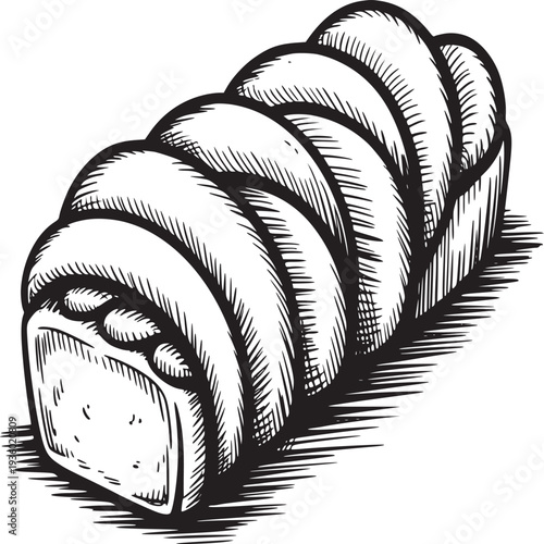 Illustration of a loaf of braided bread with detailed line work on a white background surface view