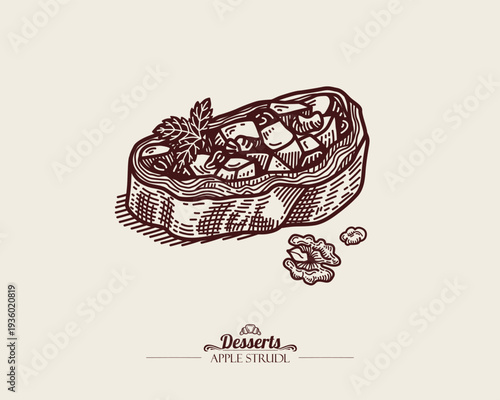 Piece of Apple Strudel with Walnuts and Raisins. Traditional Austrian Dessert. Apfelstrudel. Italian Dessert. Line art Illustration, sketch style.