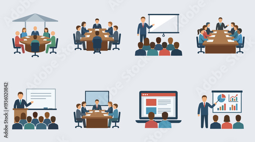 Collage of diverse professionals in business meetings and presentations, collaborating around tables, boards, and screens in a modern office