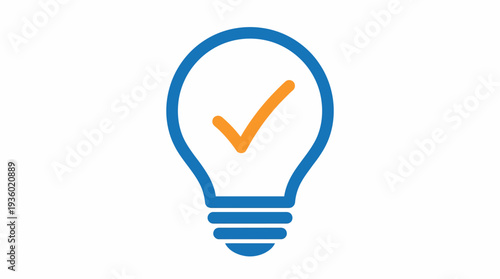 Blue line art lightbulb with orange checkmark symbolizing approved ideas, innovation, creativity, and smart solutions.