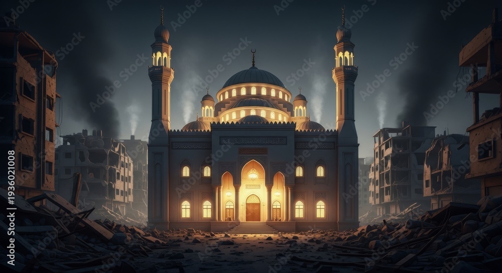 Fototapeta premium Mosque at Night with Minarets and Dome.