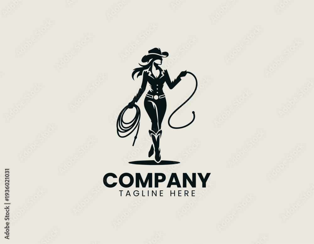 Fototapeta premium Confident cowgirl silhouette holding lasso black vector logo illustration isolated on white background