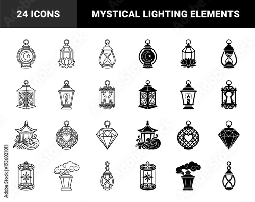 Collection of ornamental lantern symbols merging traditional lighting with symbolic elements like lotus flowers crescent moons and hourglass shapes