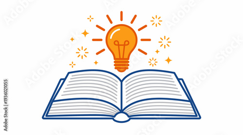Open book with a glowing light bulb above, symbolizing bright ideas, learning, and creative inspiration.