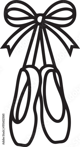 Ballerina pointe shoes hanging on bow. Outline black. one line Icon drawing