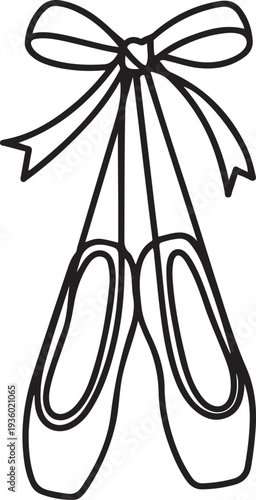 Ballerina pointe shoes hanging on bow. Outline black. one line Icon drawing