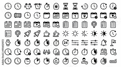 Collection of time management icons: clocks, calendars, timers, alarms, and scheduling symbols for productivity and planning.