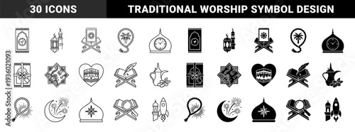 Islamic heritage and modern lifestyle hybrid icons featuring prayer mat compass mosque clock and digital quran tablet on wooden stand