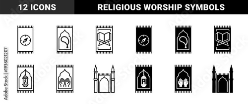 Islamic prayer rug collection featuring hybrid symbolic combinations of compass qibla direction prayer beads quran and mosque architecture silhouettes