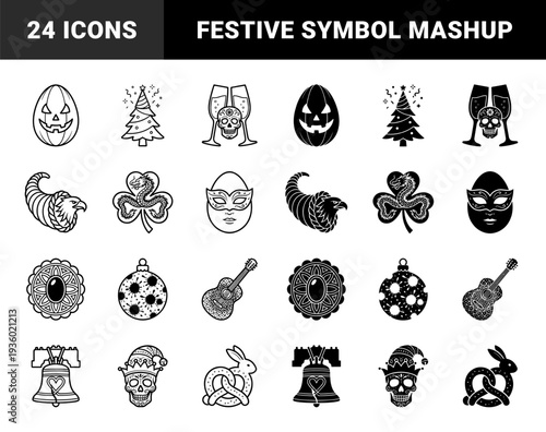 Hybrid holiday symbols merging festive elements like a dragon shamrock skull champagne glass and pumpkin egg in linear and solid black styles