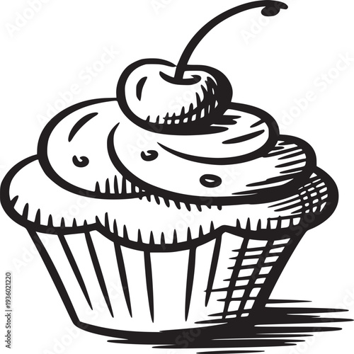 A simple black and white sketch of a cupcake with a cherry on top and decorative icing swirls