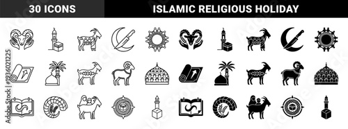 Islamic pilgrimage religious symbols featuring ram sacrifice sheep and mosque architecture in a hybrid line and solid geometric style for Eid al Adha