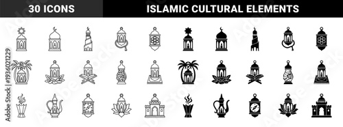 Islamic cultural symbols integrated with traditional ramadan lanterns featuring dual line and solid style combinations for middle eastern religious celebrations