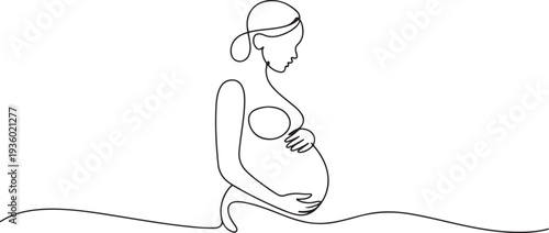Beautiful pregnant Woman in one continuous line drawing. Healthy pregnancy and birth baby symbol in simple linear style. one line Icon drawing