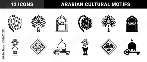 Islamic heritage symbol collection featuring hybrid geometric motifs combined with prayer beads palm trees incense burners and dates in linear and solid styles
