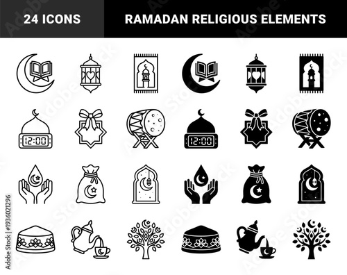 Islamic Cultural Symbols Combining Moon Stars and Traditional Elements in Dual Outline and Solid Hybrid Style Featuring Mosque Lantern and Quran
