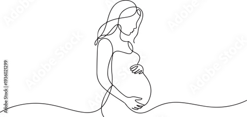 Beautiful pregnant Woman in one continuous line drawing. Healthy pregnancy and birth baby symbol in simple linear style. one line Icon drawing