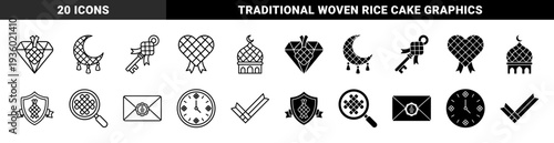 Islamic Ramadan festive symbols merged with everyday objects featuring ketupat diamond heart moon and mosque dome in outline and solid styles