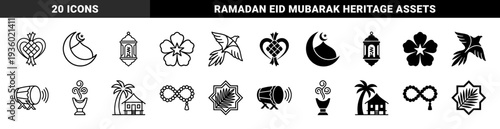 Traditional Islamic Cultural Symbols Merged with Geometric Minimalism Featuring Ketupat Crescent Moon Mosque Lantern and Hibiscus Flower Icons