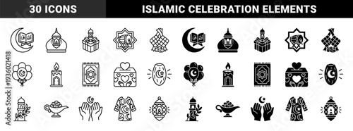 Islamic ramadan and eid celebration symbols featuring hybrid designs of crescent moon quran prayer rug and mosque lanterns in outline and solid styles
