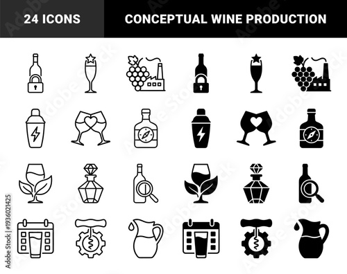 Wine and Beverage Industry Hybrid Icons Featuring Conceptual Mergers of Bottles with Padlocks Magnifying Glasses and Musical Elements in Solid and Outline Styles