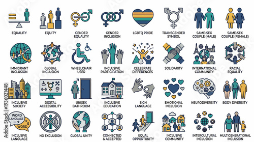 Diverse accessibility and inclusion icons set illustrating disability, healthcare, and inclusive design concepts for social impact and awareness.