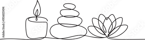 One continuous line drawing of wellness and spa treatment. Candle stones and lotus flower for zen and balance concept in simple linear style. one line Icon drawing